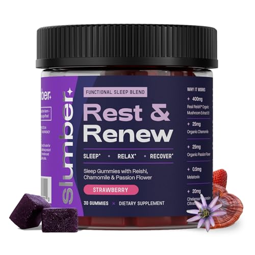 Slumber Rest & Renew Sleep Gummies, Vegan Sleep Aid With Organic Passion Flower, Chamomile, & Pure Reishi Mushroom to Support Relaxation Before Bed, Plant Based, Low Sugar, Strawberry Flavor, 30 Count