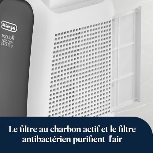 De’Longhi Tasciugo AriaDry Light - Déshumidificateur Portable pour la Maison, Zéolite et Ioniseur, Élimination Humidité 6L/24h, Séchage, Anti-Moisissure, Silencieux, Mode Swing, Minuteur, Gris (DNS65)