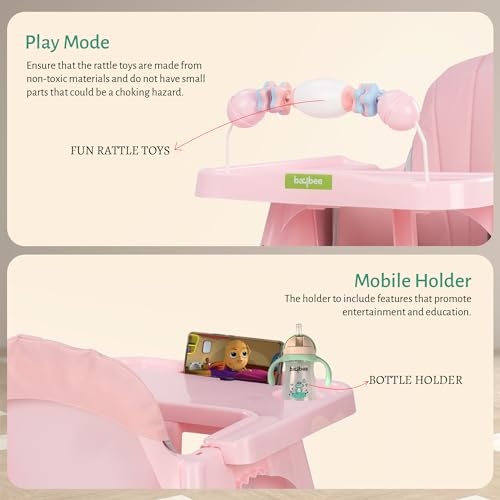 Image of Baybee Invictus 3-in-1 High Chair for Kids - Convertible Baby Feeding Chair with Adjustable Height & Footrest, Detachable Tray, Safety Harness & Cushioned Seat - Booster Chair for 6 Months to 4 Years (Pink)