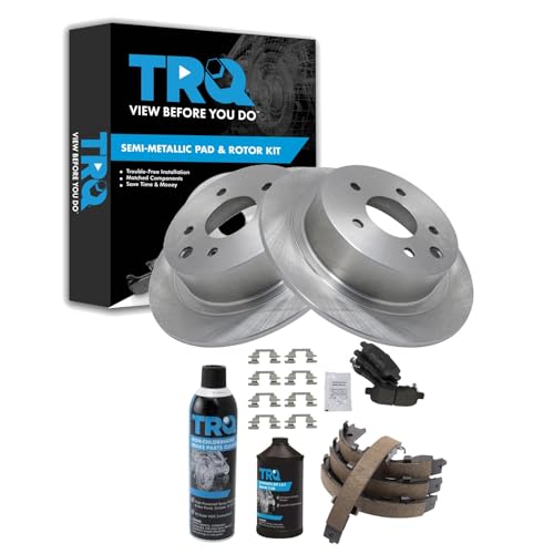 Image of TRQ Rear Brake Pad & Rotor Kit, with Chemical Kit Parking Brake Shoe Set Semi-Metallic Compatible with 2002-2021 Nissan Altima 2004-2018 Maxima
