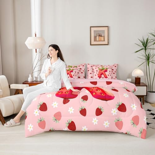 Image of Feelyou Girls Cute Strawberry Comforter Set With Sheets 7 Piece King Size Pink Strawberry Bed in a Bag Kids Boys Girls Initial Letter K Bedding Set Bedroom Decor Breathable Soft Lightweight Microfiber