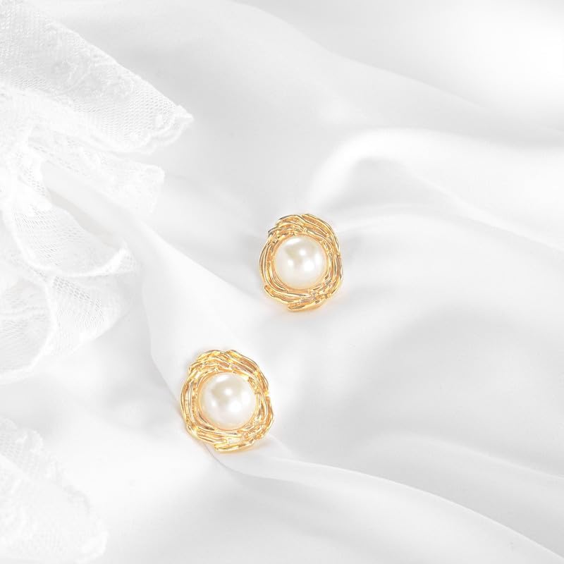 Pearl Stud Earrings for Women, Faux Large Gold Pearl Earrings Studs, Dainty White Big Pearl Earrings Pearl Statement Earrings Gold Studs - Image 4