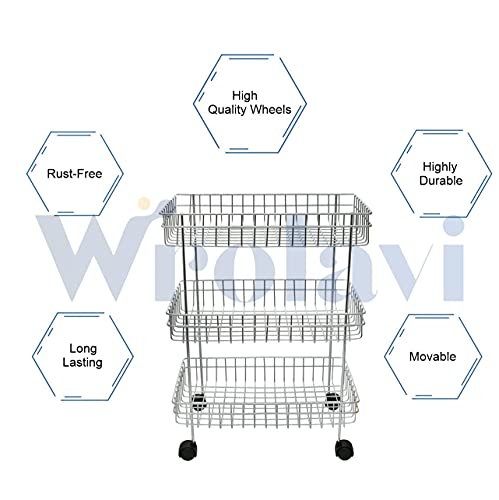 Image of Wrolavi Stainless Steel Fruits & Vegetables Storage 3 Shelf Basket Trolley, Multipurpose Shelves for Kitchen Storage| 53H x 23W x 41L cm | Silver Color | Rust Free