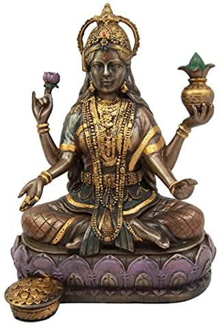 Ebros Hindu Goddess of Wealth and Prosperity Lakshmi Sitting On Lotus Throne Statue Hindu Decor Figurine