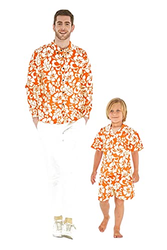 Matching Hawaiian Luau Father Son Aloha Long Sleeve Shirts in Classic Vintage Hibiscus