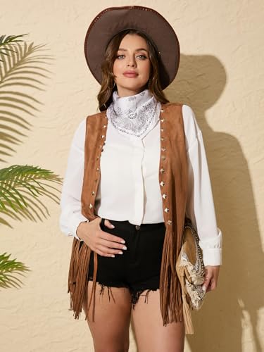OYOANGLE Women's Plus Size Western Wear Cowgirl Outfits Fringe Trim Open Front Sleeveless Faux Suede Vest Jacket3