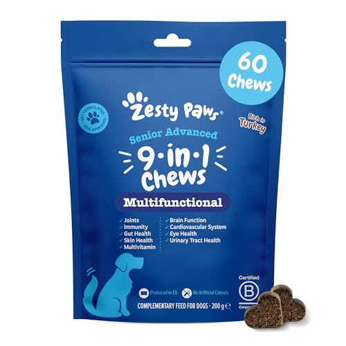 Zesty Paws 9 in 1 Multivitamins for Senior Dogs | Supports Joints, Skin, Eyes, Brain Function, Immune System, Urinary Tract, Heart & Gut Health| Vitamin A, B & C, Folic Acid, Biotin | 60 Chews