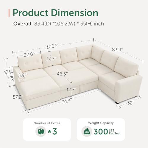 Image of HONBAY 106.2 Inch U-Shaped Sectional Sleeper Sofa with Pull-Out Bed & Storage Ottoman, 7-Seater Sectional Sofa for Living Room, Pet-Resistant Corduroy Couch, Beige