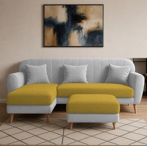 Image of Atticus LHS 4 Seater L Shape Sofa Set with Ottoman for Living Room (Yellow Grey Fabric) Premium Fabric Sofa Set