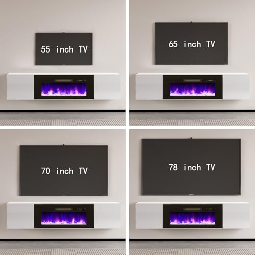 Image of AMERLIFE Floating TV Stand with 36 inch Electric Fireplace, High Gloss Finish Wall Mounted Fireplace Entertainment Center with Storage for TVs Up to 78 inch, White
