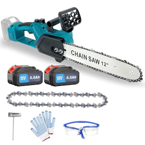 Tronçonneuse sans fil sans balais pour batteries Makita 18 V au lithium | Tronçonneuse électrique puissante de 30,5 cm | Avec 2 batteries de 5,5 Ah, chargeur et 2 chaînes | Tronçonneuse manuelle