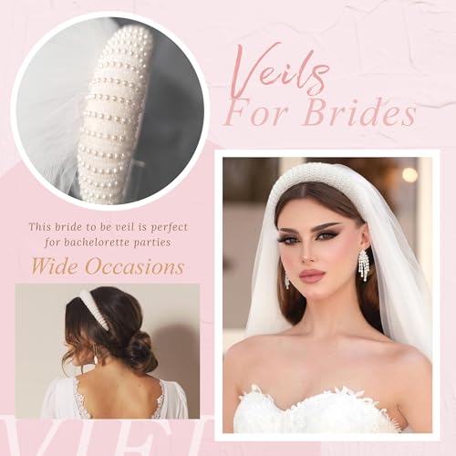 Bachelorette Party Pearl Headband with Detachable Veil White Pearl Headpiece Bridal Veils 2 Tier Tulle Wedding Veils Decorations Gift for Bridesmaids Brides4