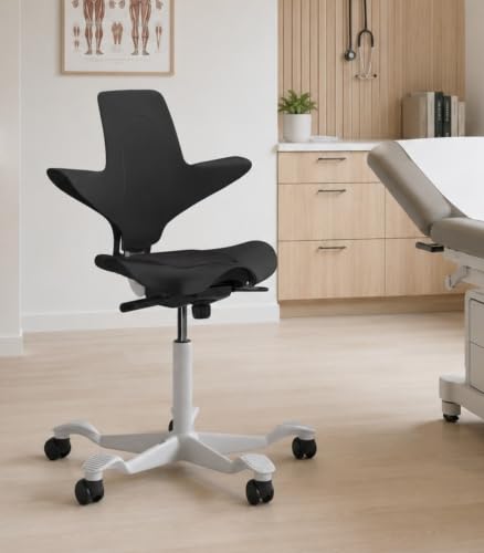 Image of HAG Capisco Puls Sit-Stand-Silver Base-Black Frame-Black Vinyl Pad