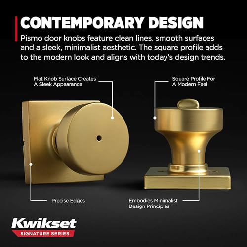 Image of Kwikset Pismo Interior Square Privacy Door Knob with Lock, Door Handle for Bathroom and Bedroom, Satin Brass Keyless Push Button Lock Doorknob 4 Pack