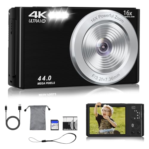 Digital Camera FHD 4K Kids 44MP 64GB SD 2 Batteries 16X Zoom