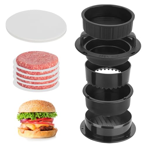 Trendecor Presse à hamburger 4 en 1 - Presse à hamburger - Machine à hamburger farcie - Coupe-sandwich - Viande de bœuf - Légumes - Avec 100 disques en papier ciré