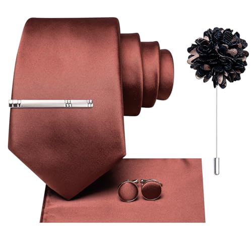 Image of Hi-Tie Solid Burnt Orange Tie Set Men Formal Necktie and Pocket Square Lapel Pin Silver Tie Clip Cufflinks Set Wedding Business 6PCS