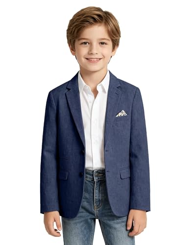 Boys Blazer Linen Suit Jackets for Boy Slim Fit Casual Boy’s Sports Coats Fashion Outwear Dress Jackets Blazers Navy Blue 14-16 Tuxedo Wedding Summer Beach Outfit Size 16
