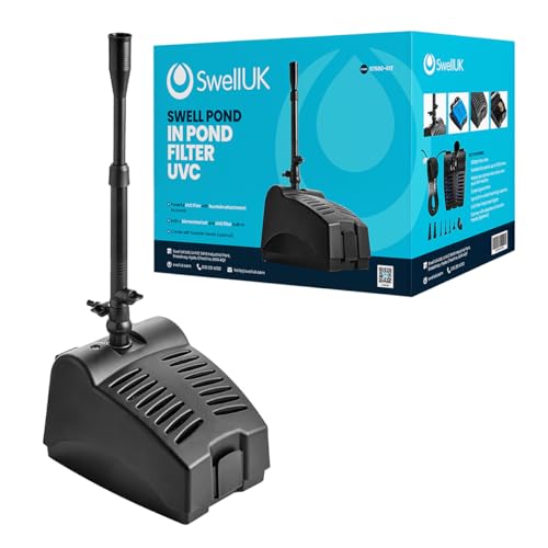 Swell UK 2500 Pond Pump Filter with Fountain 7W UVC Clarifier | Suitable for Ponds of Up to 3,000 litres & up to 8mm Solids Handling Capacity – 3 Years Warranty
