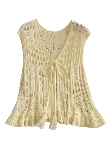 GORGLITTER Women's Plus Size Sweater Vest Bow Tie Front Vest Tops Crochet Knit V Neck Cardigan Western Cowgirl Outfits