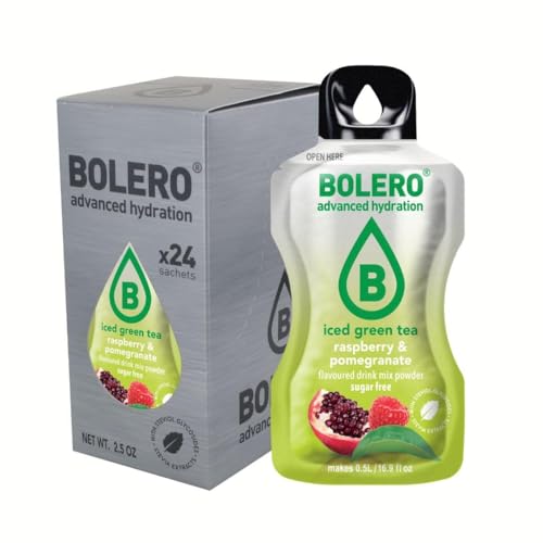 Bolero THÉ VERT GLACÉ FRAMBOISE & GRENADE 24x3g | Poudre pour boisson sans sucre, édulcorée à la stévia + vitamine C | convient aux enfants, aux sportifs et aux diabétiques | sans gluten