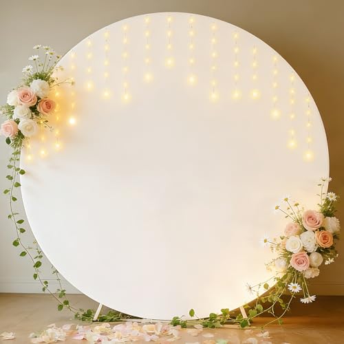 HOLITS 7.2FT Round Backdrop Cover with Lights Spandex Wrinkle-Resistant Cover with LED Fairy Lights for Circle Arch Stand for Wedding Baby Shower Birthday Photoshoots Party & Events Decor (White)
