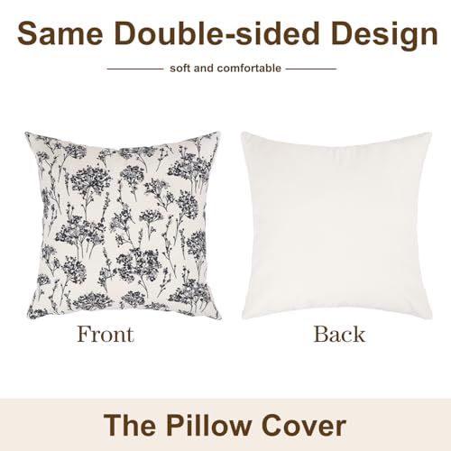 Pyonic Black Vintage Floral Pillow Covers 18x18 inch Spring Block Print Flower Pillowcase Neutral French Farmhouse Cushion Covers for Sofa Couch Bedroom Living Room Outdoor Decor — view 4
