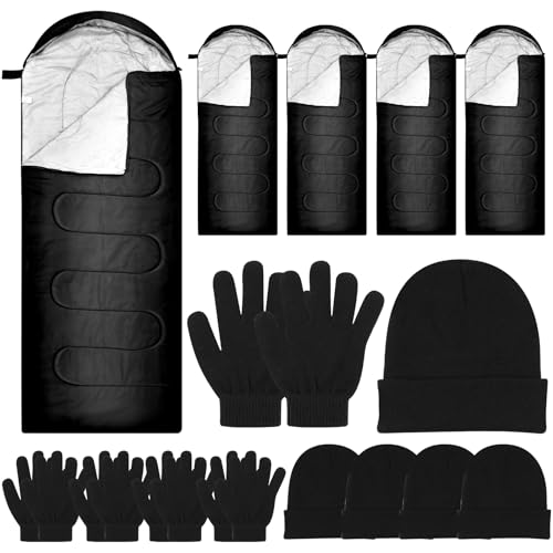 Tranqun 5 Packs Sleeping Bags for Homeless 5 Winter Beanies 5 Gloves Adults 0 Degree Camping Sleeping Bag Waterproof Lightweight for Donation Shelter(Black)