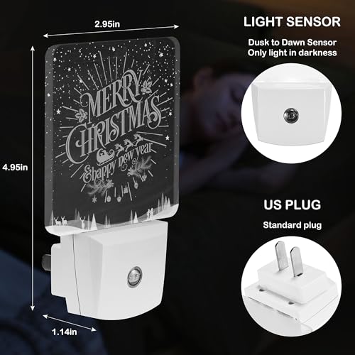 Image of LED Night Light Lamp with Smart Sensor Dusk to Dawn Sensor,Merry Christmas Happy Black White Night Light Daylight White,0.5W Plug-into Wall for Adults,Bedroom,Bathroom,Hallway,Kitchen