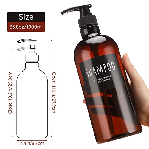 Image of Empty Plastic Bottles with Labels, Segbeauty 33.8oz Large Brown Shampoo Conditioner Reusable Dispenser, 2 Packs of 1000ml Refillable Shower Lotion Pump Press Bottles for Bathroom Hand Soap Body Wash