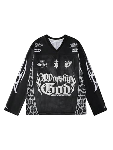 Men's Jersey Shirts Leopard Print Tee Drop Shoulder Long Sleeve Oversized T Shirt Graphic V Neck Tee Tops Streetwear