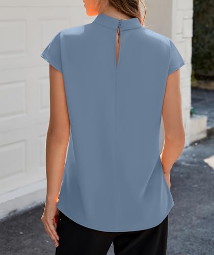 Image of Funlingo Womens Summer Tops Mock Neck Short Cap Sleeve Blouses Business Casual Work Chiffon Shirts Front Pleated Tunic Top