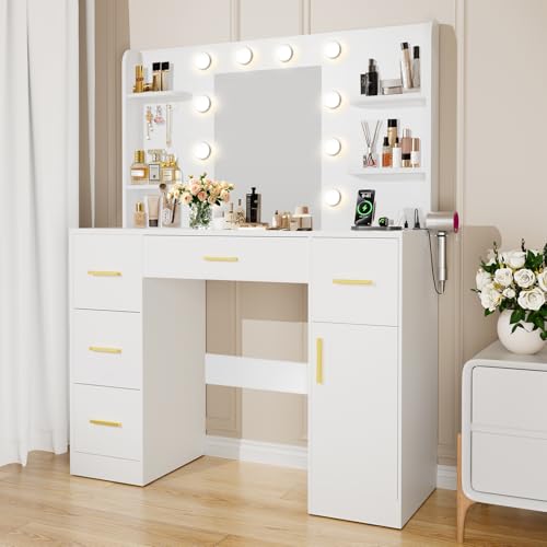 45” Vanity Desk with Mirror and Lights,10 Lights 3 Color Modes,Makeup Vanity Desk with 4 Storage Shelves 5 Drawers 1 Cabinet and Power Outlet,for Bedroom & Dressing Room,White vanitys