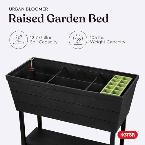 Keter Urban Bloomer 22.4 Gallon Resin Plastic Wood Look Elevated Raised Patio Garden Flower Planter Bed, Graphite