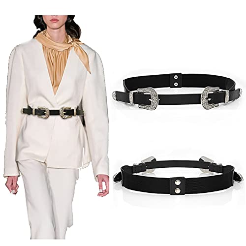 Women's Black Vintage Style Double Buckle Belt PU Leather Western Belt Adjustable Waistband for Dress Jeans Pants 6