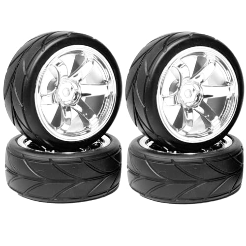 WONFAST 4PCS 64mm RC On Road Rubber Tires and Plastic Plating Wheel Rims Set Replacement Part for 1/10 RC Run-flating Touring Racing Drift Car Tyre(6Spoke-Silver,Offset:6mm)