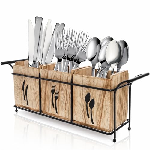Tebery Wooden Utensil Holder for Party, Large Countertop Flatware Cutlery Caddy with Handle, 3 Detachable Compartment Silverware Cooking Organizer with Metal Tray for Fork, Spoon, Knives