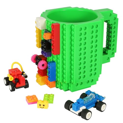 Lumsburry Build-on Brick Coffee Mug, Funny DIY Novelty Cup with Building Blocks Creative for Kids Men Women Xmas Birthday (Green)