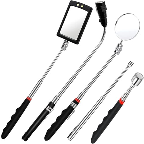 Telescopic Magnetic Pickup Tool Set,5Pcs Led Magnetic Telescoping Pick Up Tool - Telescoping 1lb Pickup Tool, 15lb Pickup Tool, 360° Swivel Square & Round Inspection Mirror, Magnetic Torch Flashlight