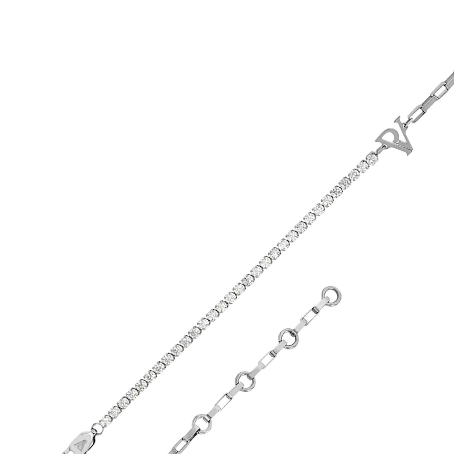 PAUL VALENTINE Tennis & Chain Anklet - Cavigliera da donna in acciaio inox, 19 cm + 5 cm di estensione, 27 zirconi bianchi, logo PV, chiusura a moschettone