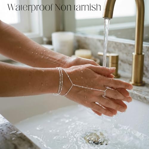 Image of Hand Chain Bracelet for Women Trendy, Dainty Silver Beaded Finger Ring Bracelet Non Tarnish Minimalist Adjustable Simple Cute Silver Bracelets Waterproof Fashion Jewelry