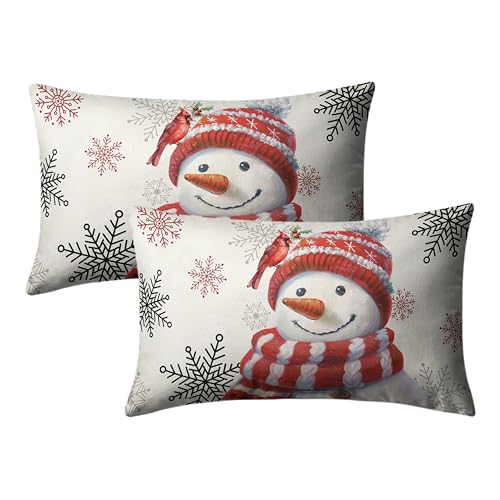 Kwlegh Snowman Lumbar Pillow Covers 12x20 Set of 2 Red Snowman with Cardinal Bird Snowflake Rectangle Cushion Case Christmas Winter Holiday Throw Pillowcases for Living Room Bedroom Sofa