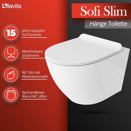 Lavita Duofix Basic Vorwandelement + Wand Tiefspül WC Sofi Slim Weiß Spülrandlos + WC Sitz + Bedienplatte Delta 25 Verchromt Knopf Komplettset Unterputz Spülkasten Toilette Komplett Sett WC – Bild 5