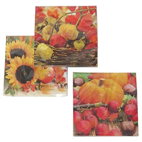 CasaJame 3er Set sortiert Servietten Herbst Laub Sonnenblumen Lampionblumen Kastanien Äpfel Kürbis 60 Stück 3-lagig 33x33cm Cover