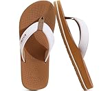 ONCAI Men's Rubber Flip Flops Summer Beach Pool Shower Sandals with Arch Support Waterproof Yoga Mat 2025 Sandalias Non-slip Walking Outdoor Cushion Bath Soles White and Khaki Size 10.5