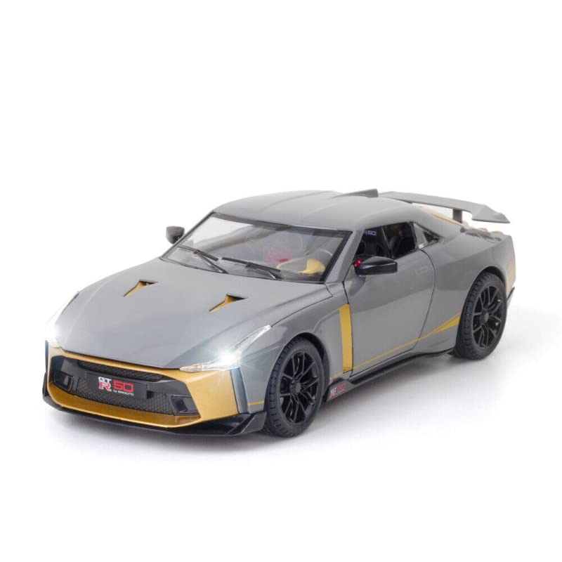 PLUSPOINT Diecast Metal GTR-50 Toy Car 1:24 Scale Model Pull Back Vehicles Alloy Simulation Supercar with Lights and Sound Also for Car Dashboard,Kids,Adult (1:24-GTR50-Grey)