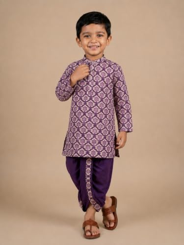 Image of The Mom Store Baby /Kids Boys Dhoti Kurta Set | Dhoti and Kurta | 100% Cotton | Comfortable | Ethnic | Festive Look | Block Prints | Colored Dhoti | Blue
