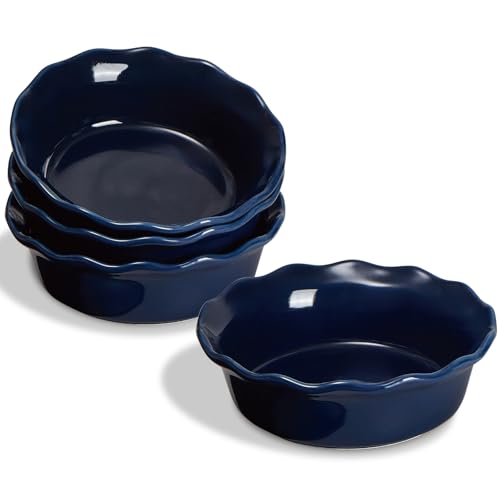 ONEMORE Ceramic Pie Dishes Set of 4, 17cm Individual Deep Pie Pan, 16 oz Small Oven Proof Round Dish for Baking, Dishwasher & Microwave & Oven Safe, Blue