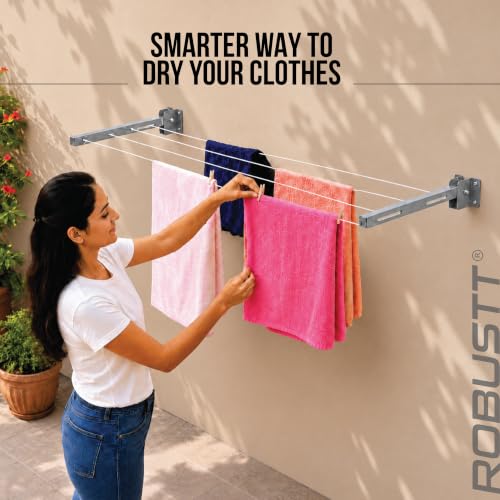 Image of Robustt Wall Mounted Clothes Drying Stand | 55 Ft Drying Space | Heavy-Duty Foldable Powder Coated Metal Arms Cloth Dryer Rack | Space Saving Laundry Hanger for Balcony, Bathroom, Terrace | Grey