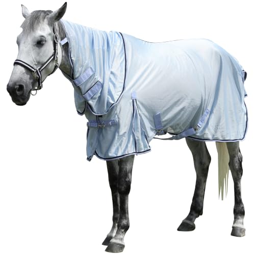 Image of Horse Fly Sheet with Detachable Neck, Maximum Airflow Breathable Open Weave Mesh for Hot Weather, Anti-Rub Comfort, 65% UV Protection, Cool Summer Sheet for Pasture & Barn Greyblue 84